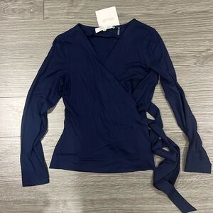 DIANE VON FURSTENBERG DVF WRAP TOP SHIRT NEW SMALL BLUE NAVY
